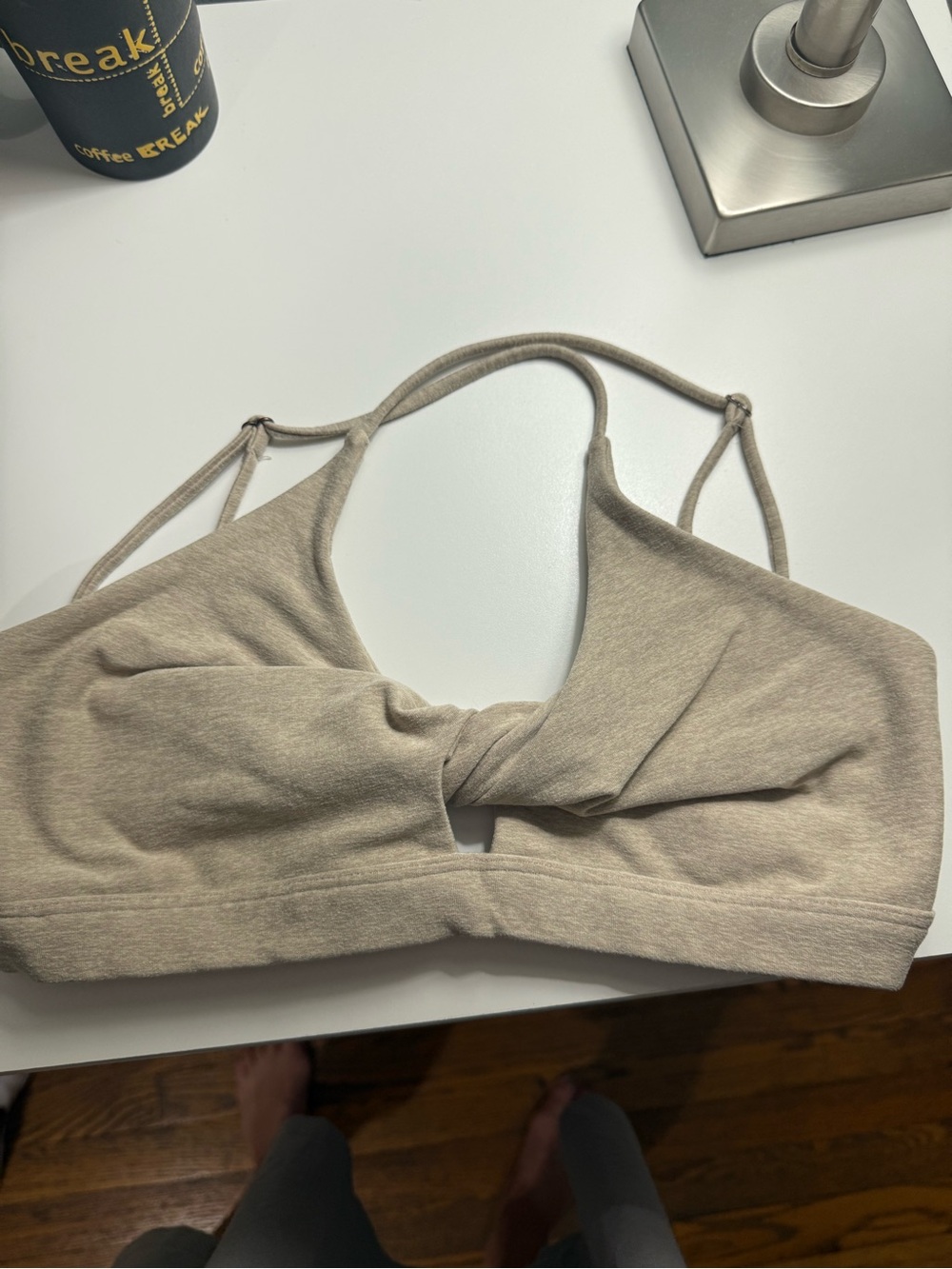 Bombshell Sportswear Twist-Front Bralette in Taupe